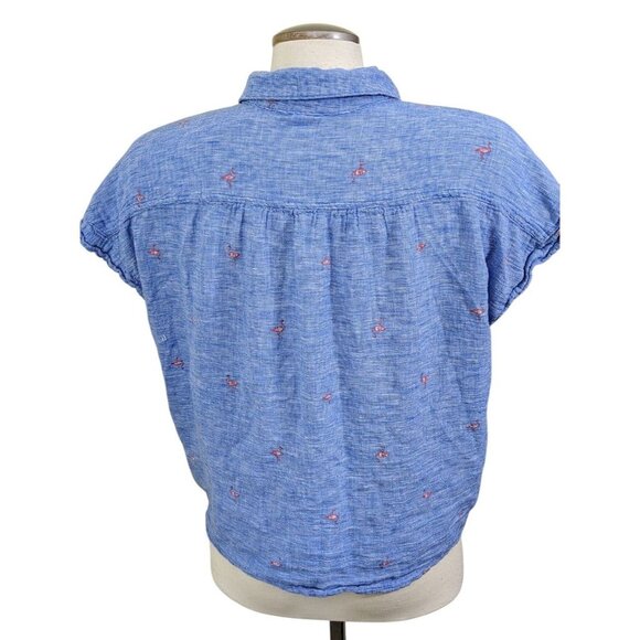 Old Navy Womens Button Up Tie Front Shirt Size L Blue Linen Cotton Flamingos - Picture 3 of 9